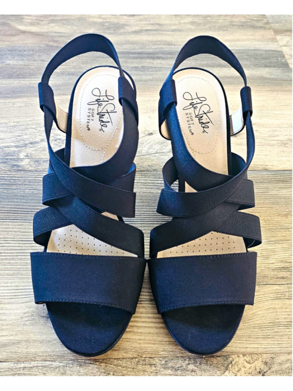 LifeStride Women's Black Strappy Open Toe Slip-On Block Heel Sandals 8.5
